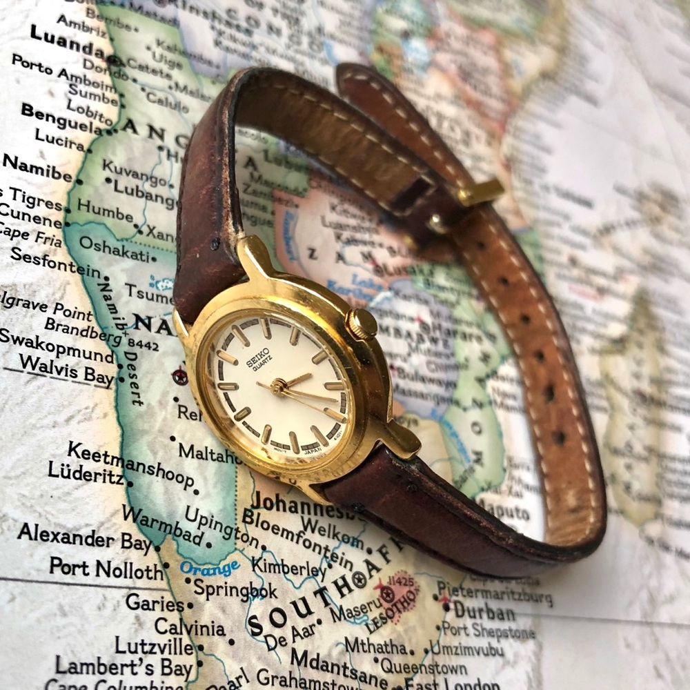 Women’s Seiko Gold Tone Watch Brown Leather Strap.